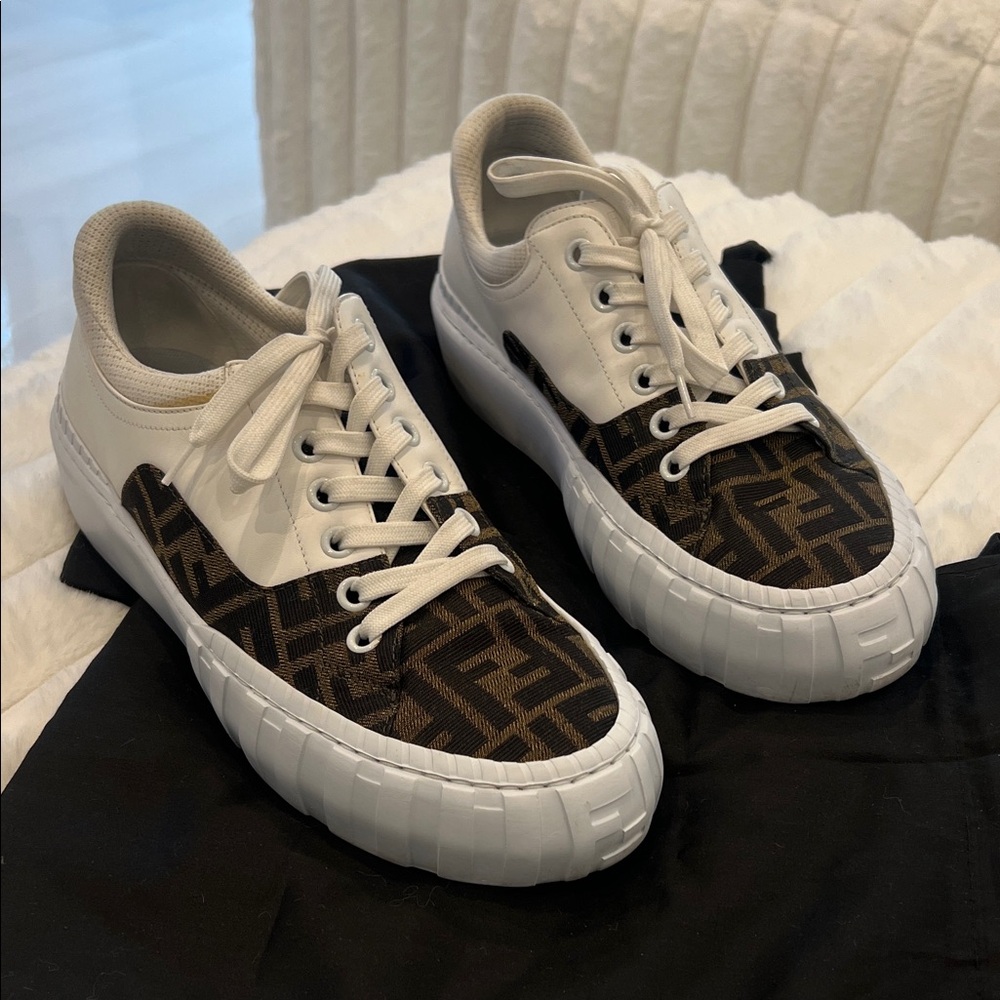 Designer Fendi White and Brown Sneakers